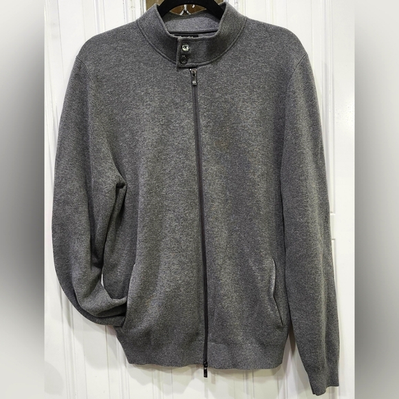 Massimo Dutti Grey Full Zip Cotton Sweater With Button Collar Men's Size Large
